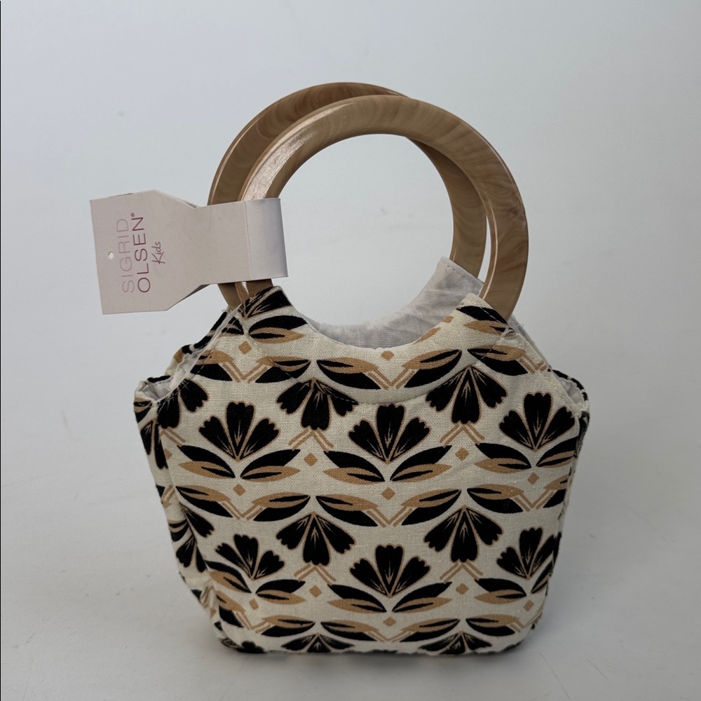 NWT Sigrid Olsen Kids Mini Purse in Black and Tan Floral Motif 5.5”H x 6”W